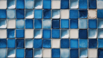 Poster - Blue and white abstract tile texture with varying shades of blue squares positioned in a grid pattern, ideal for backgrounds and design projects.