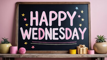 Aufkleber - Pastel colored backdrop showcasing a chalkboard with vibrant Happy Wednesday sign in pink and white surrounded by decorative plants and ornaments.
