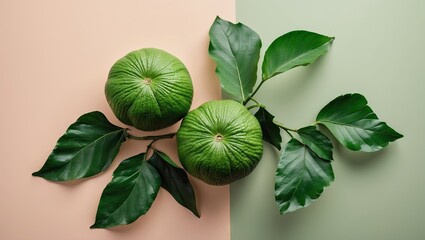 Poster - Two green pomelos with glossy leaves positioned diagonally on a pastel peach and green background, highlighting their texture and color contrast.