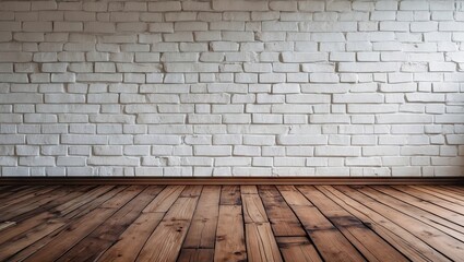 Poster - Vintage interior space featuring a textured white brick wall on the left and a rich brown wooden floor filling the lower area, creating warmth.