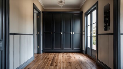 Poster - Elegant home hallway showcasing a black wardrobe on the left and rich wooden flooring below, illuminated by soft natural light from the right.