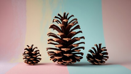 Aufkleber - Pine cones of varying sizes arranged in a row against a split pastel background featuring soft blue and pink hues creating a serene atmosphere