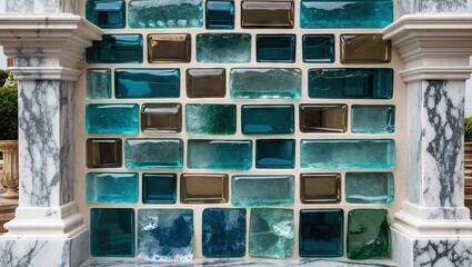 Fototapete - Glass brick wall in varying shades of blue and green set within a sleek white and gray marble frame featuring rectangular glass blocks arranged in pattern.