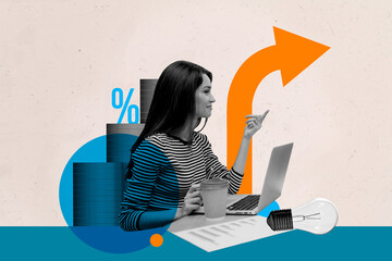 Aufkleber - 3d sketch poster trend collage of happy freelancer businesswoman sit workplace laptop coffee cup supplies arrow coin banker percent
