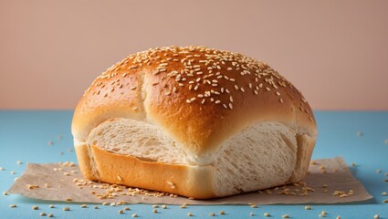 Poster - Wheat bread loaf with golden crust and sesame seeds on top placed on a soft pastel blue background with scattered crumbs around the base.