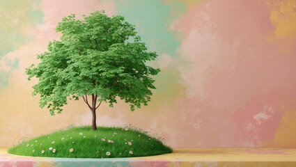 Fototapete - Lush green tree positioned on a grassy hill with a pastel pink and teal textured background reflecting a serene summer atmosphere.