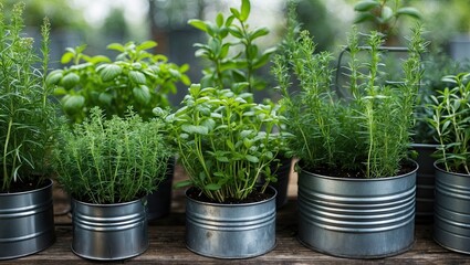 Poster - Vibrant green herbs in silver metal containers arranged in a row on a wooden surface, showcasing fresh basil, thyme, and other aromatic plants.
