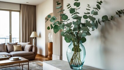 Poster - Elegant glass vase filled with eucalyptus, positioned prominently on a light stone surface against a creamy wall in a stylish living room.