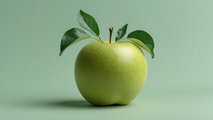 Poster - Fresh green apple on a soft pastel green background, centered with glossy surface and vibrant leaves, highlighting healthy food concept.