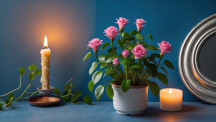 Poster - Hydroponic Clusia rosea plant with pink roses in white pot beside a lit candle and round mirror against a blue wall in vertical shot.