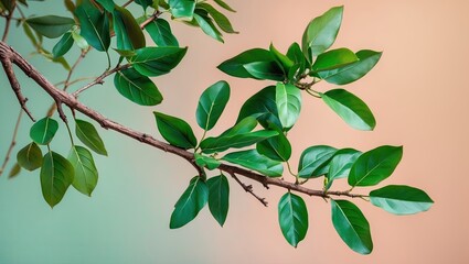 Fototapete - Lush green Kalopanax pictus leaves arranged on a slender branch against a soft pastel gradient background featuring light greens and peach hues.