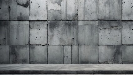 Poster - Textured gray cement concrete wall background with uniform rectangular blocks, featuring a spacious lower platform for added design versatility.