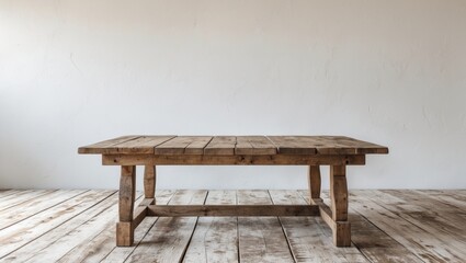 Poster - Rustic wooden table in natural tones positioned center stage against a white background, ideal for product display and branding with ample copy space.