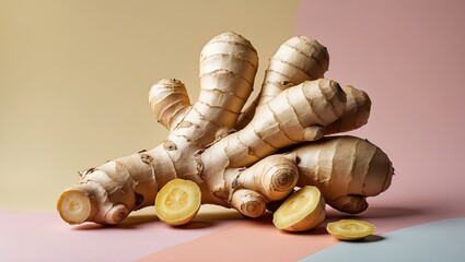 Poster - Ginger roots and slices on a soft pastel backdrop featuring warm yellows and pinks arranged asymmetrically for a vibrant food composition