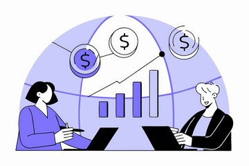 Poster - Two people analyzing financial data with graphs and dollar symbols in a modern, minimalist style.