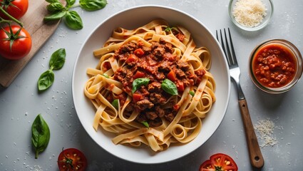 Poster - Fettuccine Bolognese topped with basil in a white bowl on gray surface with tomatoes, fork, grated cheese, and tomato sauce in jar beside it.