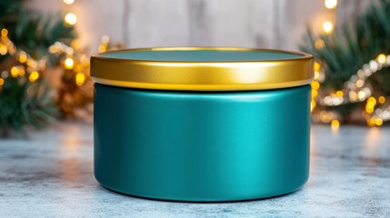 Poster - Teal metallic cylindrical container with gold lid, on a gray surface, bokeh lights and evergreen branches in the background.