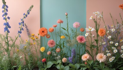 Poster - Vibrant summer blooms in pastel backdrop, featuring orange, pink, and blue flowers against soft green and peach panels, creating a lively garden scene.