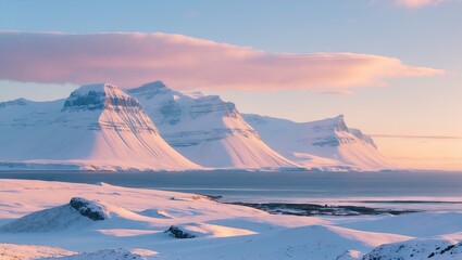 Poster - Icelandic winter landscape with majestic snow-covered mountains in white and pastel pink skies over a serene seascape at sunset.