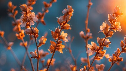 Poster - Dried delicate blossoms illuminated by warm orange lighting against a cool blue background with soft bokeh effects creating a serene atmosphere