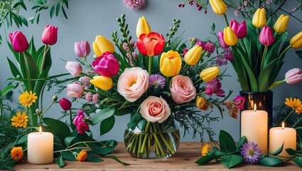 Aufkleber - Bright and colorful floral arrangement with tulips and roses in a glass vase on a wooden table surrounded by candles and greenery against a gray background