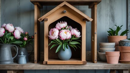 Aufkleber - Birdhouse with peonies arrangement, soft pink flowers in gray vase inside wooden structure, rustic shelves with pots and greenery in background.