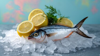 Poster - Fresh sea fish resting on crushed ice with three lemon slices and green herbs set against a soft pastel blue background.