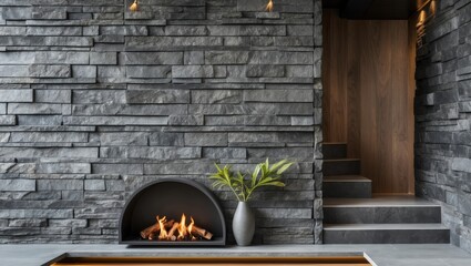 Poster - Modern interior featuring a gray stone wall with textured panels, warm lighting, a minimalist fireplace, and a stylish plant in a vase.