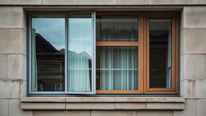 Fototapete - Modern architecture close-up of a half-cut sleek aluminum window with wooden frame positioned on a beige stone wall featuring sheer white curtains.
