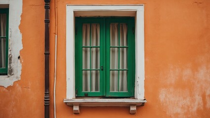 Leinwandbilder - Vintage green window with white frame centered on orange wall showcasing textured paint and vintage design elements.