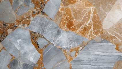 Poster - Natural marble surface featuring a mix of light blue, grey, and golden brown tones arranged in an intricate pattern for elegant design applications.