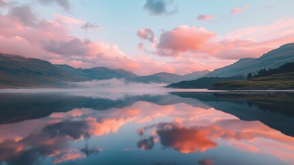 Poster - A mirror-like lake reflecting a sky full of soft pink clouds