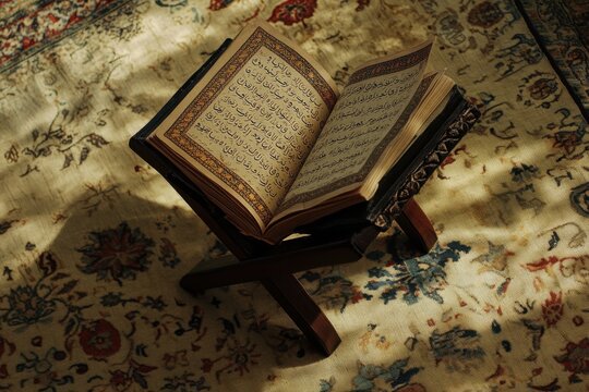 Illuminated Quran Open to Surah Al-Fatihah on Wooden Rahle with Intricate Details