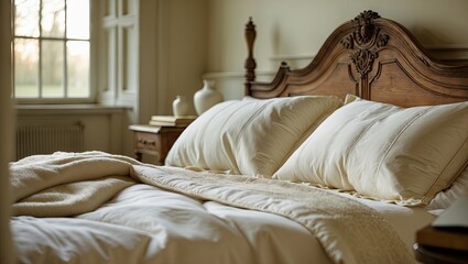 Poster - Classic wooden bed adorned with cream pillows and blanket in elegant bedroom, warm sunlight streaming through window, vintage decor elements visible.