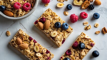 Aufkleber - Granola bars with assorted nuts and berries on a light gray stone surface, top view with vibrant colors and natural textures in a banner format.