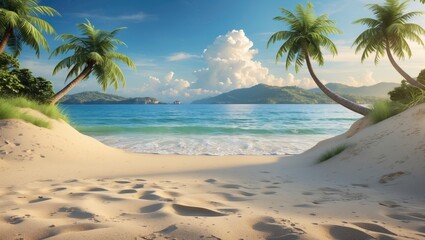 Poster - Sandy beach landscape illustration with clear blue water and green palm trees, soft white sand foreground, ideal for childrenâ€™s storytelling.