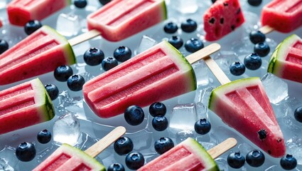 Poster - Refreshing watermelon popsicles with blueberries on ice cubes vividly colored in red, blue, and green, featuring empty space for text design.