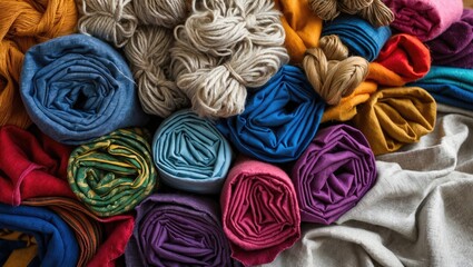 Aufkleber - Vibrant rolled fabrics in shades of blue, pink, and mustard arranged in a circular pattern with soft gray textiles at the bottom in an artistic top view.