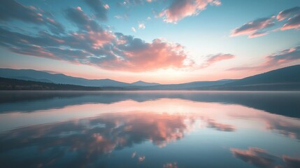 Poster - A mirror-like lake reflecting a sky full of soft pink clouds