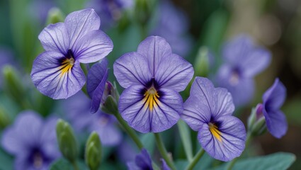 Poster - Vibrant purple Saintpaulia flowers with yellow accents surrounded by lush green foliage highlighting delicate petals and intricate details.