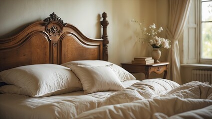 Poster - Classic wooden bed with beige pillows and soft bedding in cozy bedroom with warm wall tones, elegant curtains, and a nightstand with decor.