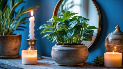 Poster - Hydroponic Clusia rosea plant in a round pot with glossy green leaves positioned centrally near lit candles on a rustic wooden surface against a blue wall.