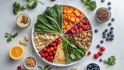 Poster - Colorful plate arrangement of fresh greens, fruits, nuts, and cheese segments on a marble surface with assorted berries and herbs around the edge.