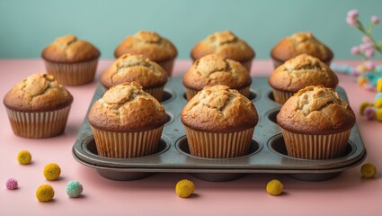 Poster - Freshly baked muffins in metal tray with golden brown tops on pastel pink background, surrounded by colorful decor, creating a cheerful atmosphere.