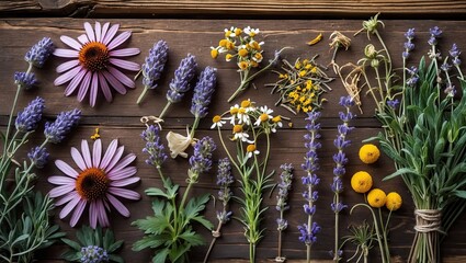 Aufkleber - Assorted purple echinacea, lavender, chamomile, and yellow flowers arranged neatly on a rustic wooden surface in natural light.