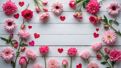 Aufkleber - Valentine's Day floral arrangement featuring pink flowers and hearts on a white wooden backdrop, flat lay view with ample copyspace for text.