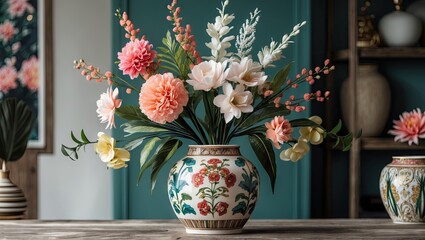 Poster - Charming decorative ceramic vase with vibrant artificial flowers in shades of pink and white placed centrally against a teal background in a stylish interior.