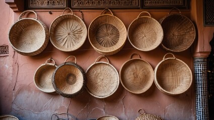 Aufkleber - Handmade round wicker baskets arranged symmetrically on a textured clay wall, showcasing traditional Moroccan craftsmanship in warm earthy tones.
