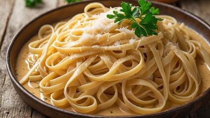 Aufkleber - Delicious fettuccine pasta topped with cheese and parsley on a rustic wooden table with ample copy space for text or design elements.