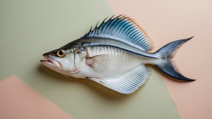 Poster - Fresh ray fish lying on a pastel geometric background with soft beige, green, and salmon hues highlighting its delicate scales and fins.